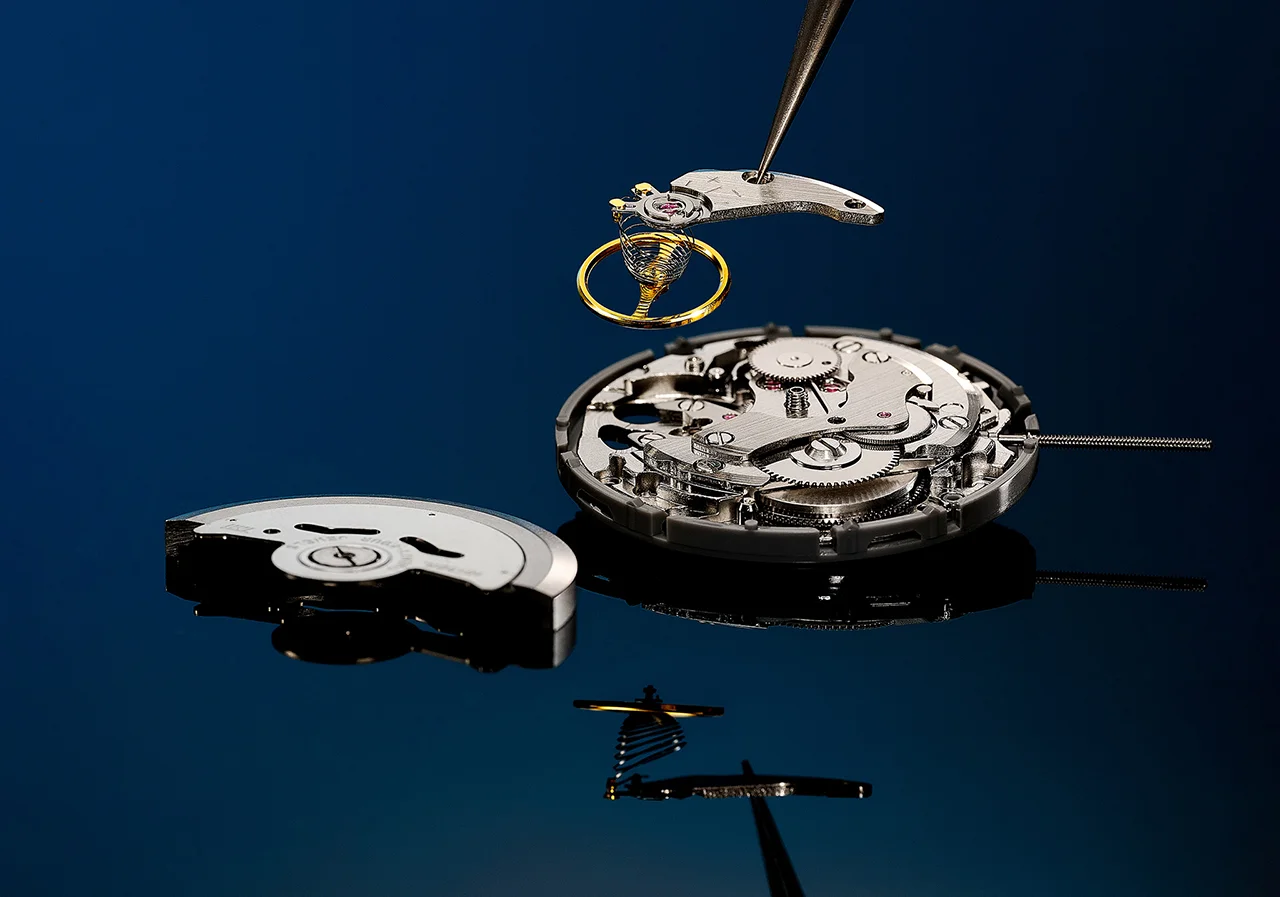 Time Module Limited watch movement assembly with tweezers and balance spring commercial photography Hong Kong